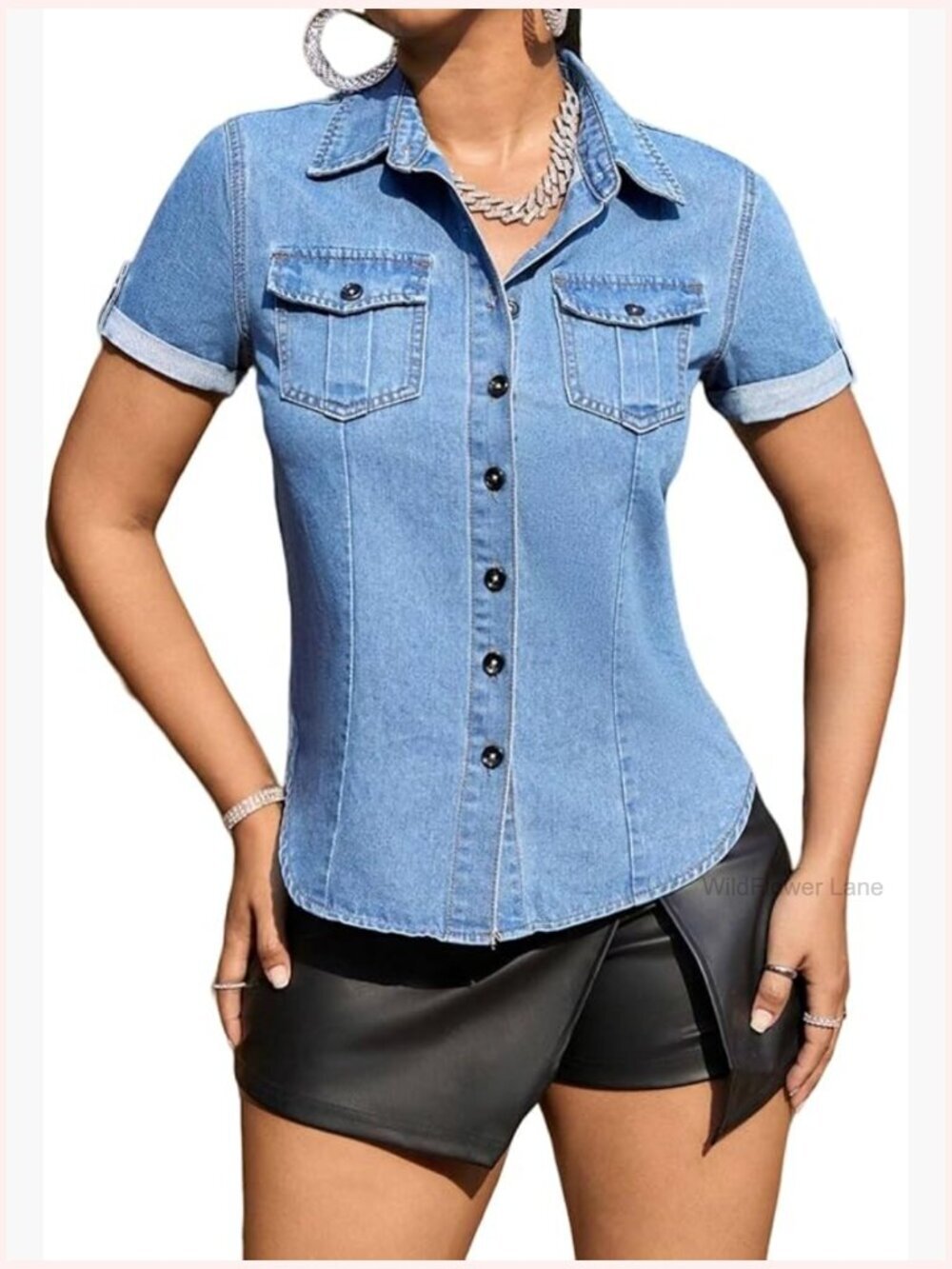 Women's Short Sleeve Button Down Denim Shirt with Flap Pockets